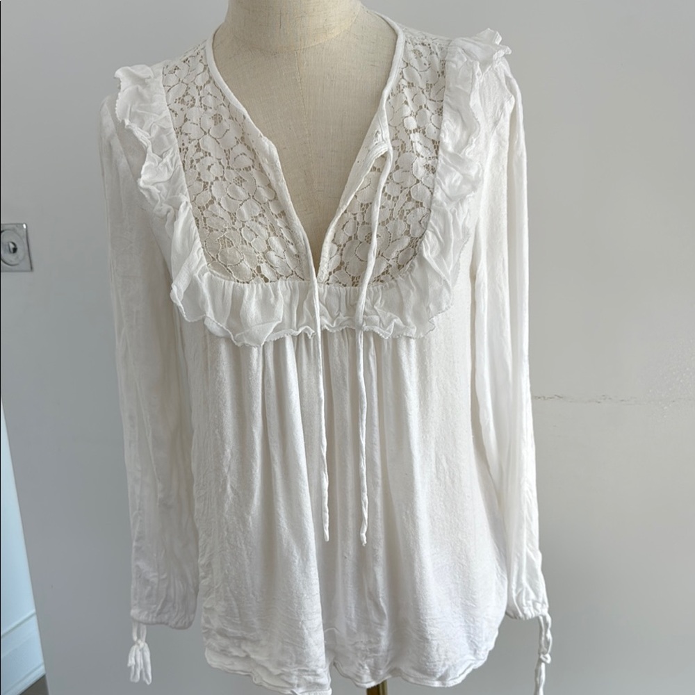 French Connection Elegant White Lace Trim Blouse